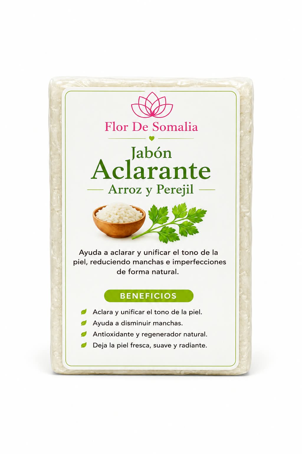 JABÓN ARTESANAL ACLARANTE DE ARROZ Y PEREJIL
